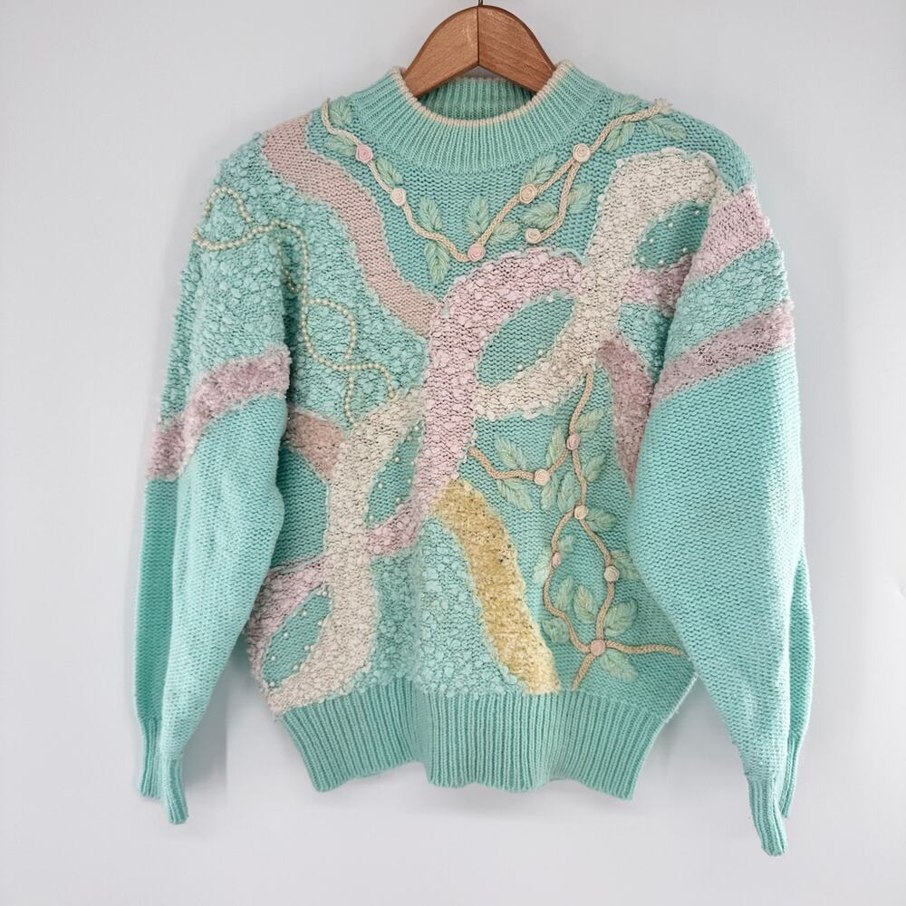 Vintage Jaclyn Smith Sweater Womens M Mint Pastel 3D Knit Pearl Beaded 90s